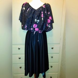Lady Carol VTG Retro Floral Black Shimmer Formal Evening Disco Cocktail NY Dress